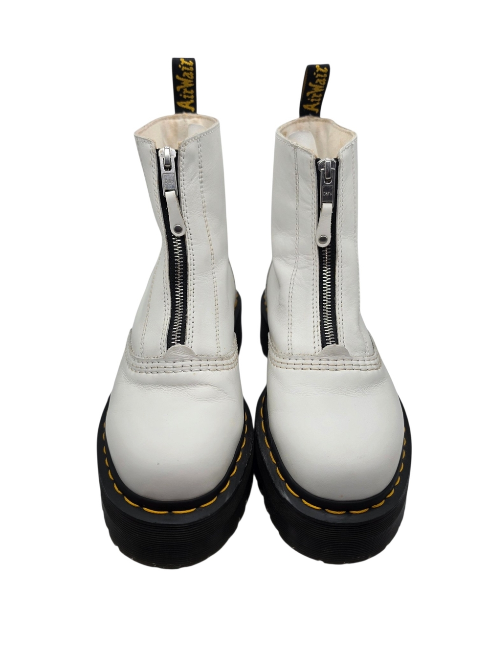 Dr. Martens White Front-Zip Platform Boots with Yellow Welt Stitching